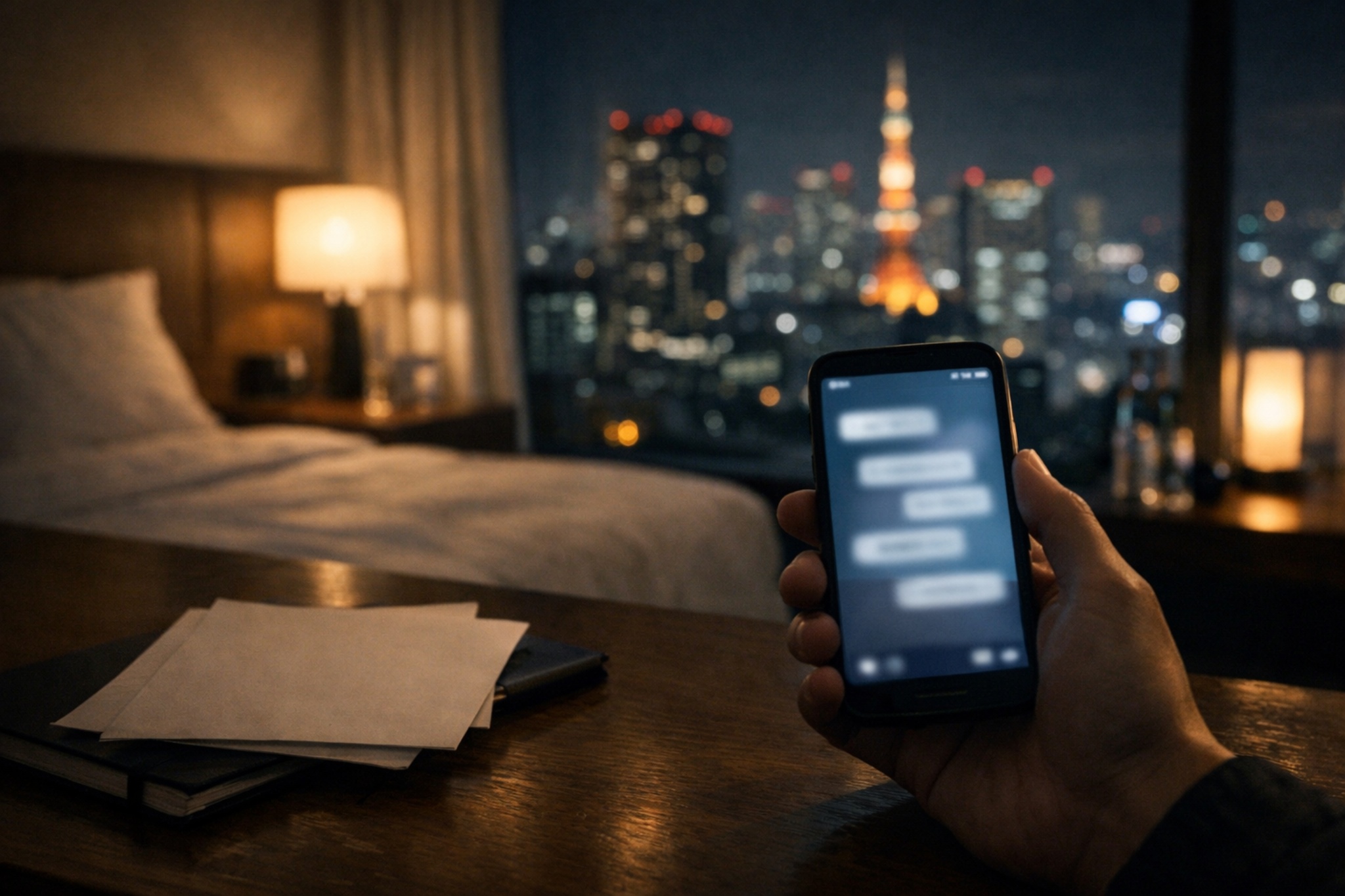 A calm decision moment in a Tokyo hotel room, representing booking clarity and confidence