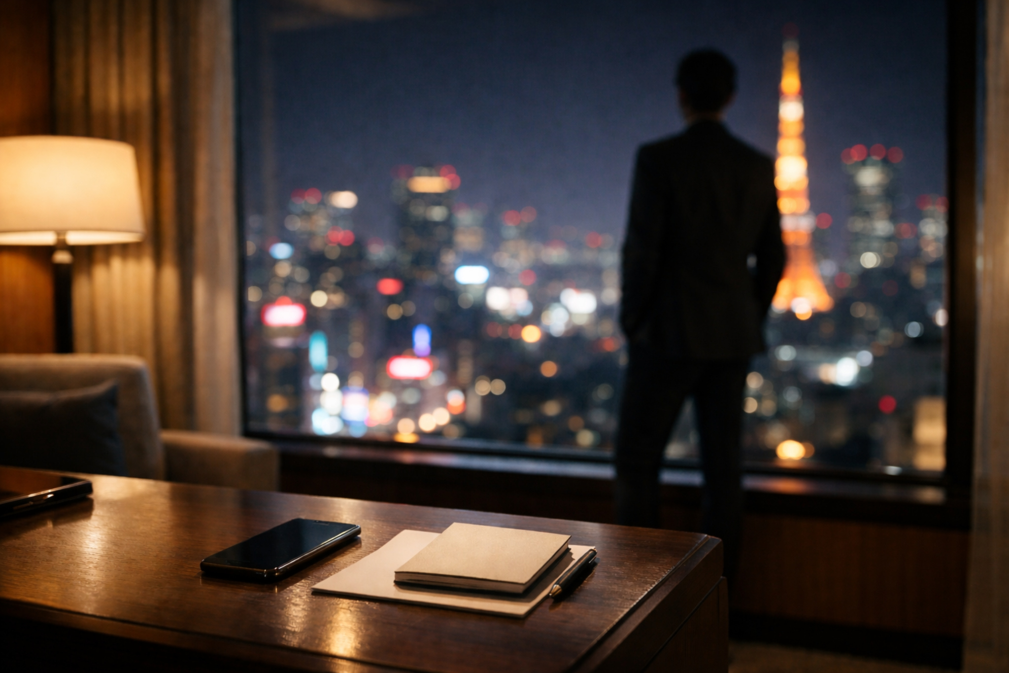 Nighttime Tokyo cityscape seen through a luxury hotel room window, Roppongi atmosphere with soft neon lights blurred in the distance.