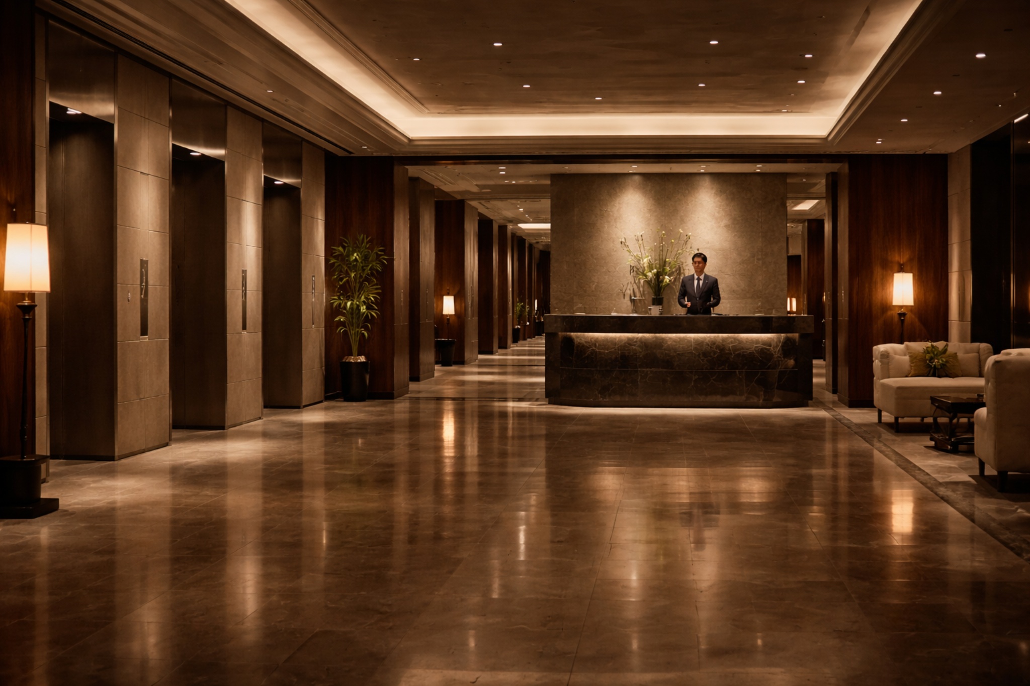 A calm upscale Tokyo hotel lobby scene representing security routines and discreet coordination