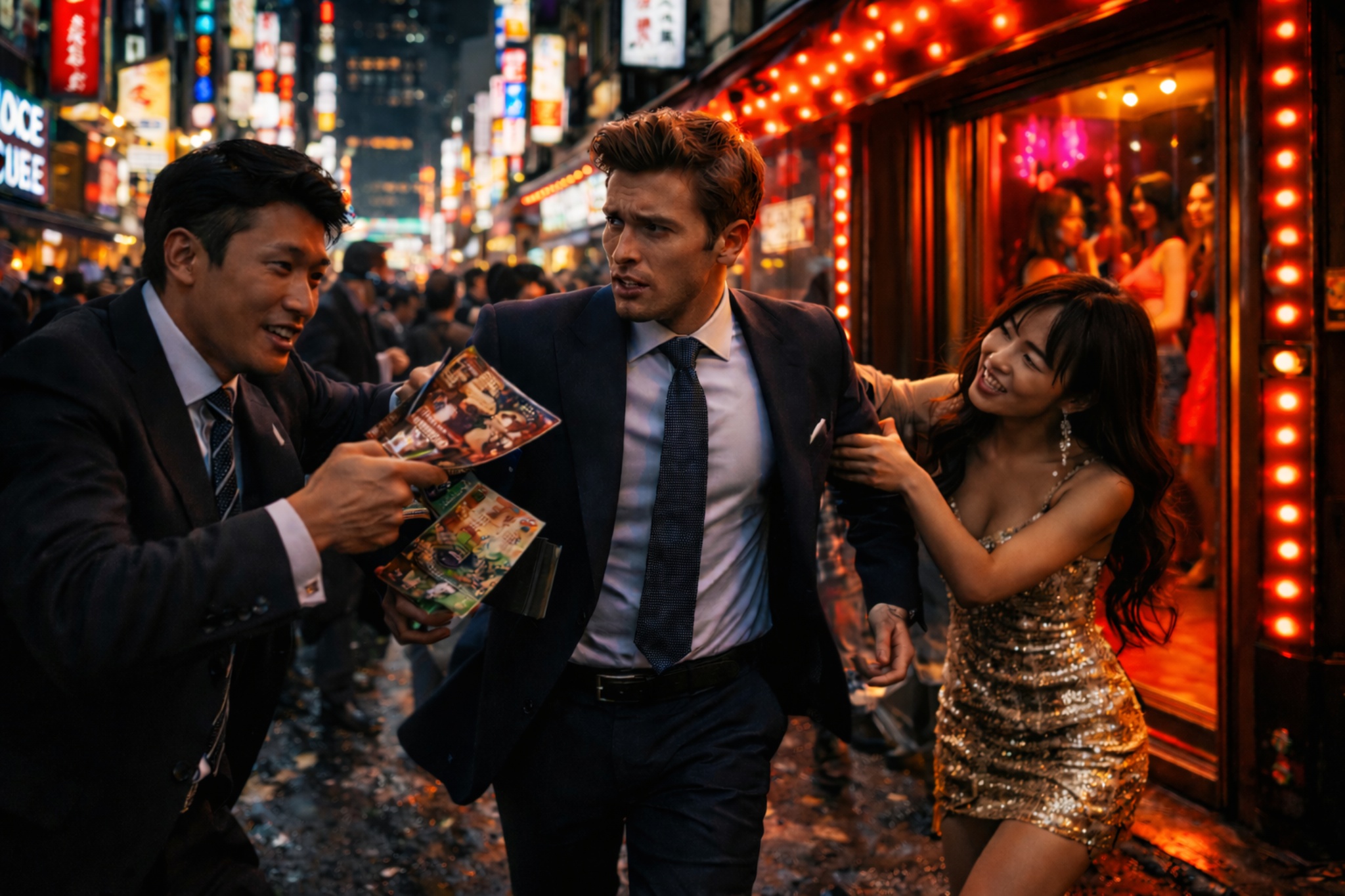 Tokyo nightlife street scene representing touts, scams, and unpredictability before reaching a storefront