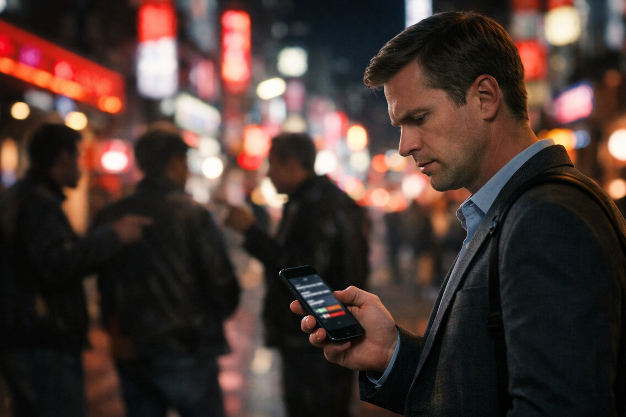 Editorial, photorealistic warning-style image illustrating red flags when searching for English escorts in Tokyo.