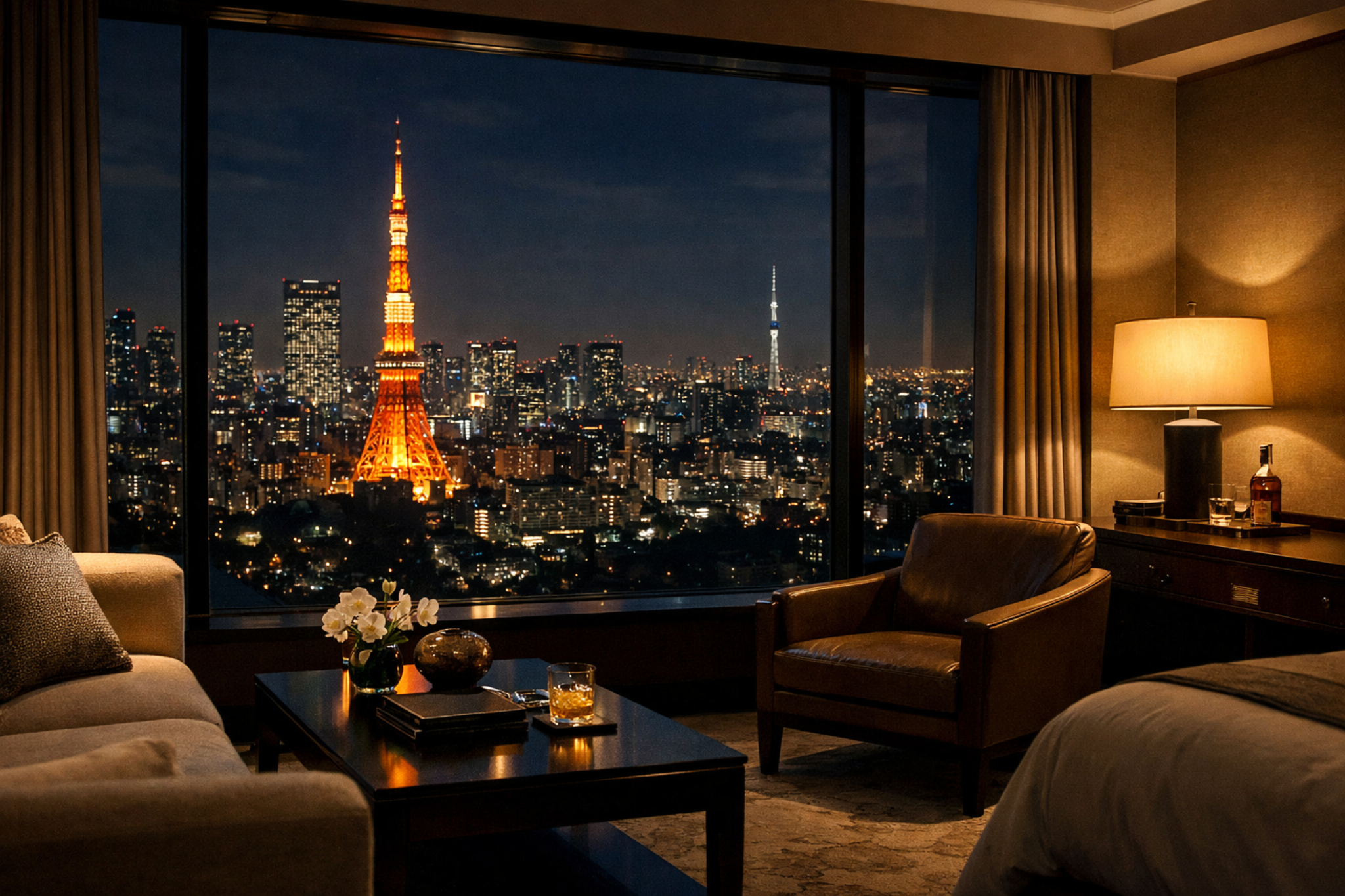 Calm Tokyo night skyline from a luxury hotel room representing true luxury in a private setting