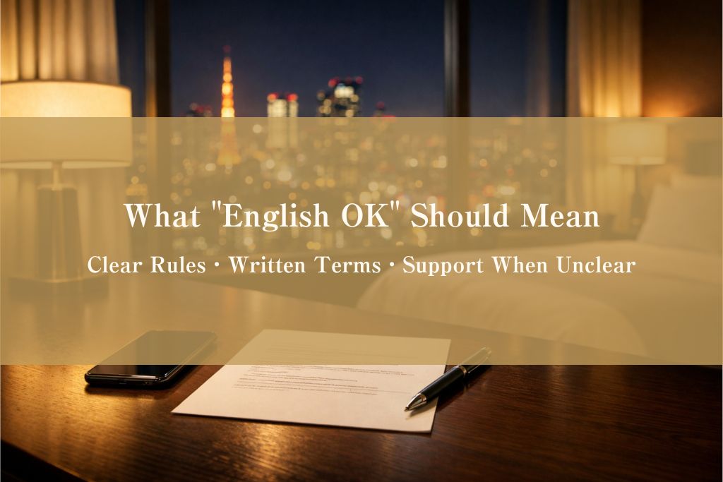 Desk scene in a Tokyo luxury hotel room with written documents and a smartphone, representing clear English communication, written rules, and professional support