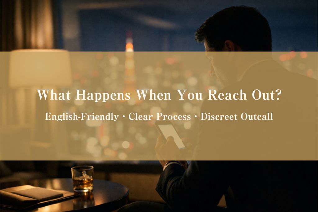 Tokyo luxury hotel room at night, a well-dressed businessman checking his smartphone, representing an English-friendly and discreet outcall inquiry process