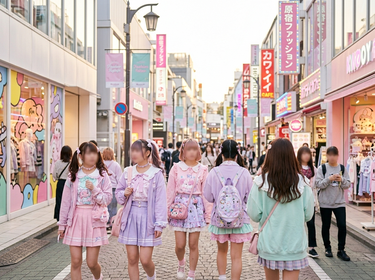 Colorful Tokyo street scene in Harajuku or Shibuya representing Japan's kawaii culture and youthful fashion aesthetic