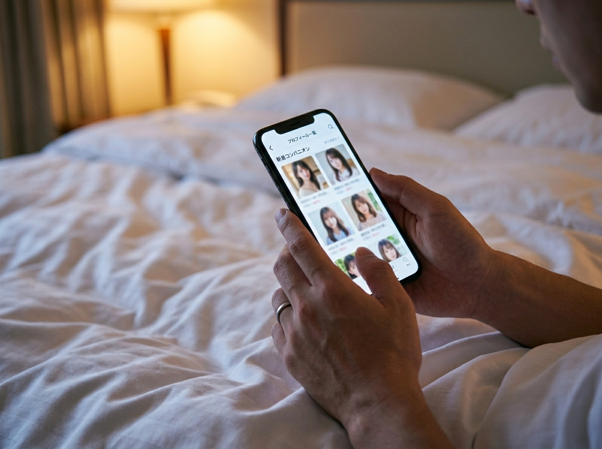 Person browsing companion profiles on a smartphone, selecting an anime-style or university look companion in Tokyo