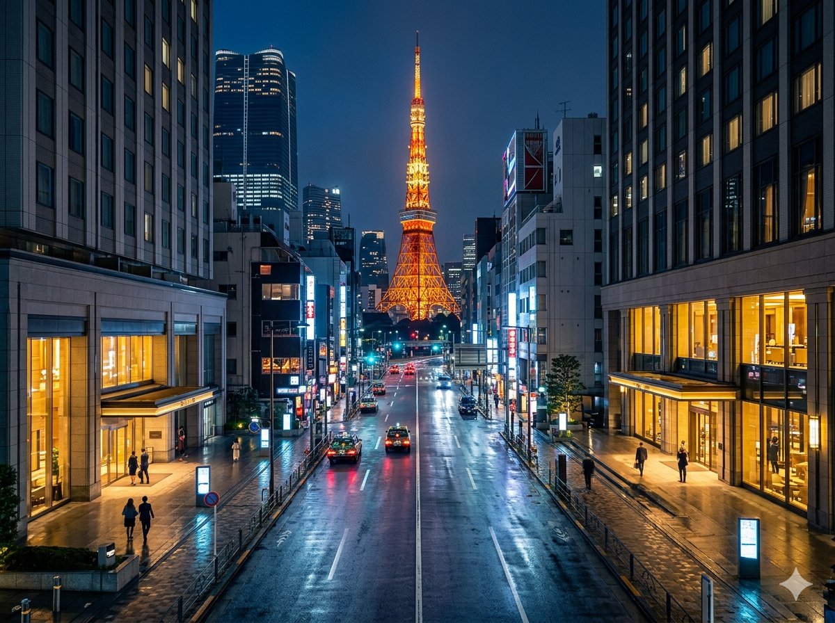 Roppongi at night with luxury hotels, illuminated towers, and upscale Tokyo nightlife atmosphere