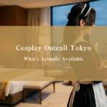 Cosplay outcall service in Tokyo: a professionally styled companion in Japanese-themed costume in a luxury hotel setting
