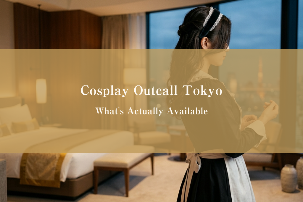 Cosplay outcall service in Tokyo: a professionally styled companion in Japanese-themed costume in a luxury hotel setting