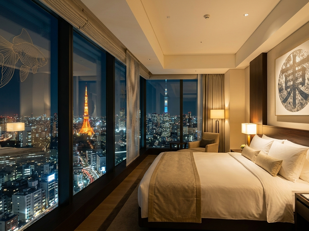Luxury hotel room in Roppongi Tokyo at night, representing MIRAI TOKYO's premium hotel-based outcall experience