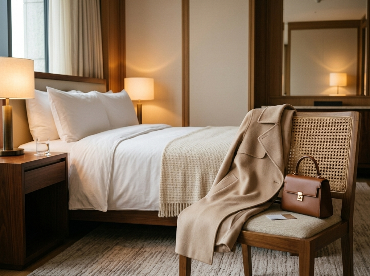 Warm-lit hotel room interior with a coat draped over an armchair, suggesting a companion's quiet arrival at a Tokyo hotel in the evening