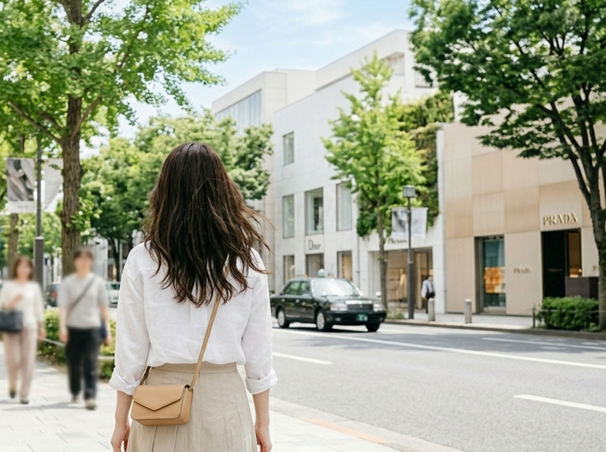 Airy Tokyo street scene in natural daylight near a quiet residential neighborhood, representing the clean, everyday-fresh aesthetic associated with seiso and kawaii styling
