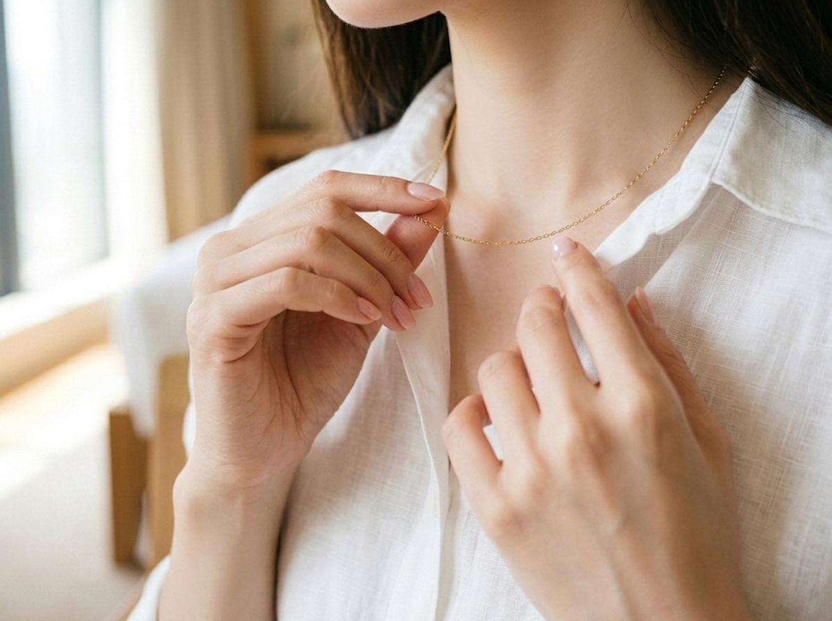 Close-up of a woman's hands adjusting a delicate necklace over a white blouse, representing the understated seiso-kei detail — light styling, clean fabric, no visible excess