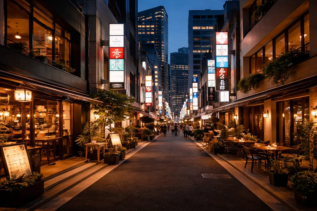 Tokyo Roppongi nightlife street at dusk with neon bar signs and warm restaurant lights in an upscale entertainment district