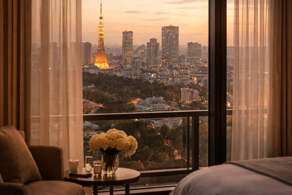 Tokyo skyline at golden hour viewed from inside a luxury hotel room through sheer curtains