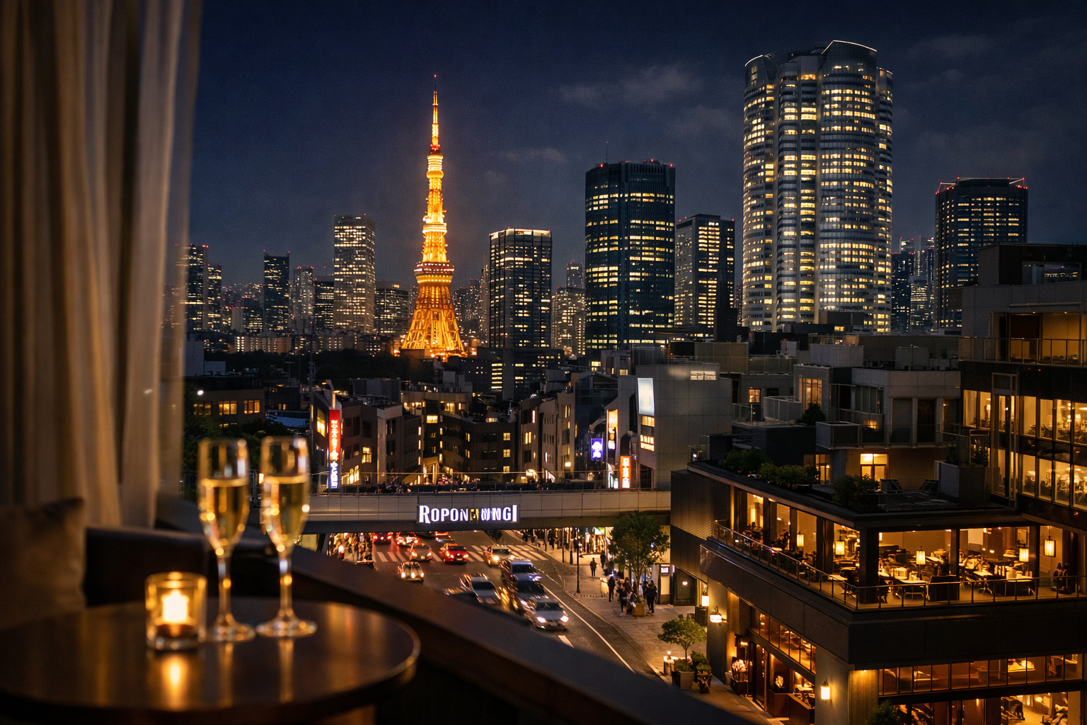 Modern Tokyo and Roppongi at night, representing contemporary high-end hospitality and discreet outcall services