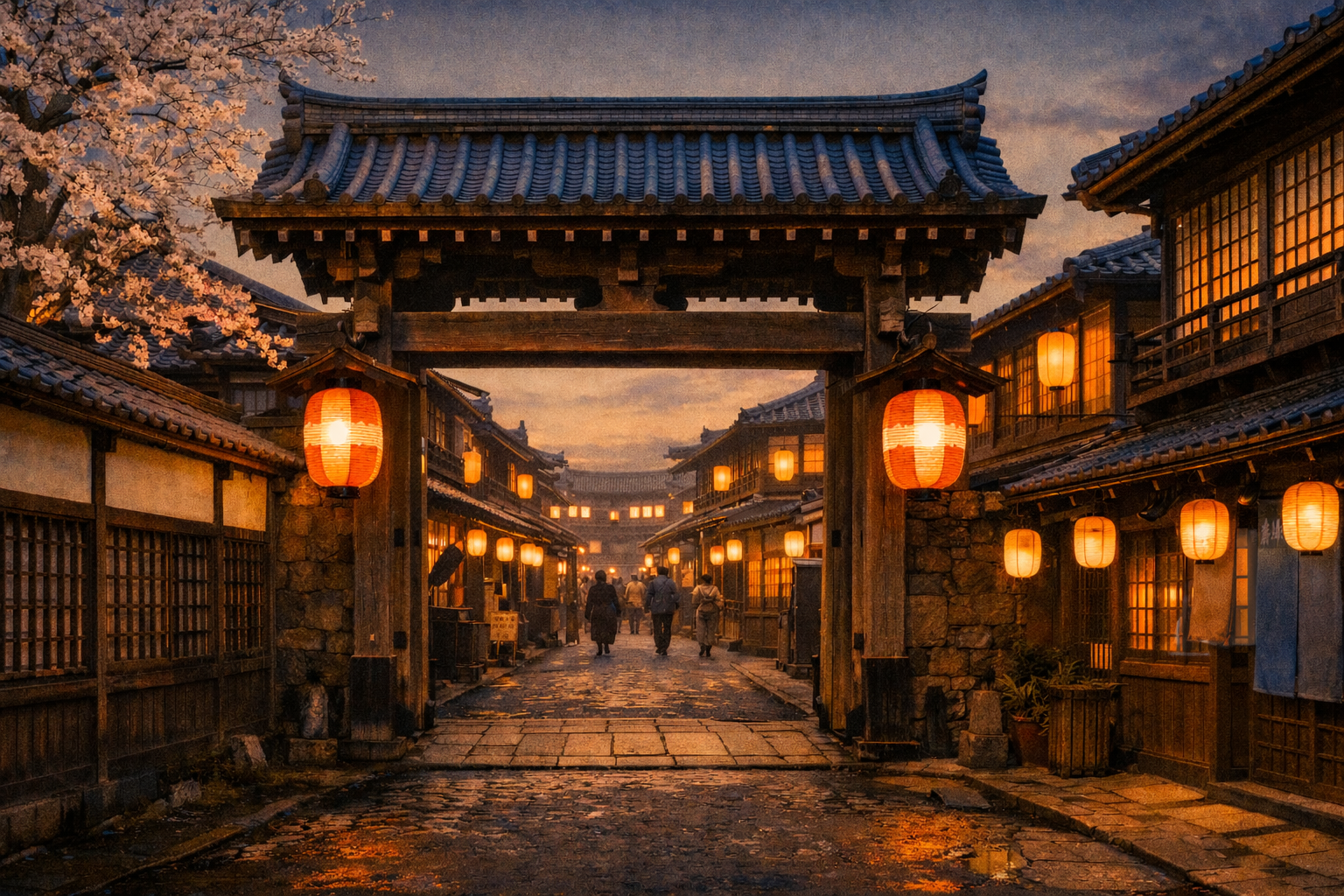 Historical ukiyo-e style view of Yoshiwara in Edo-period Tokyo, Japan's most famous licensed pleasure district