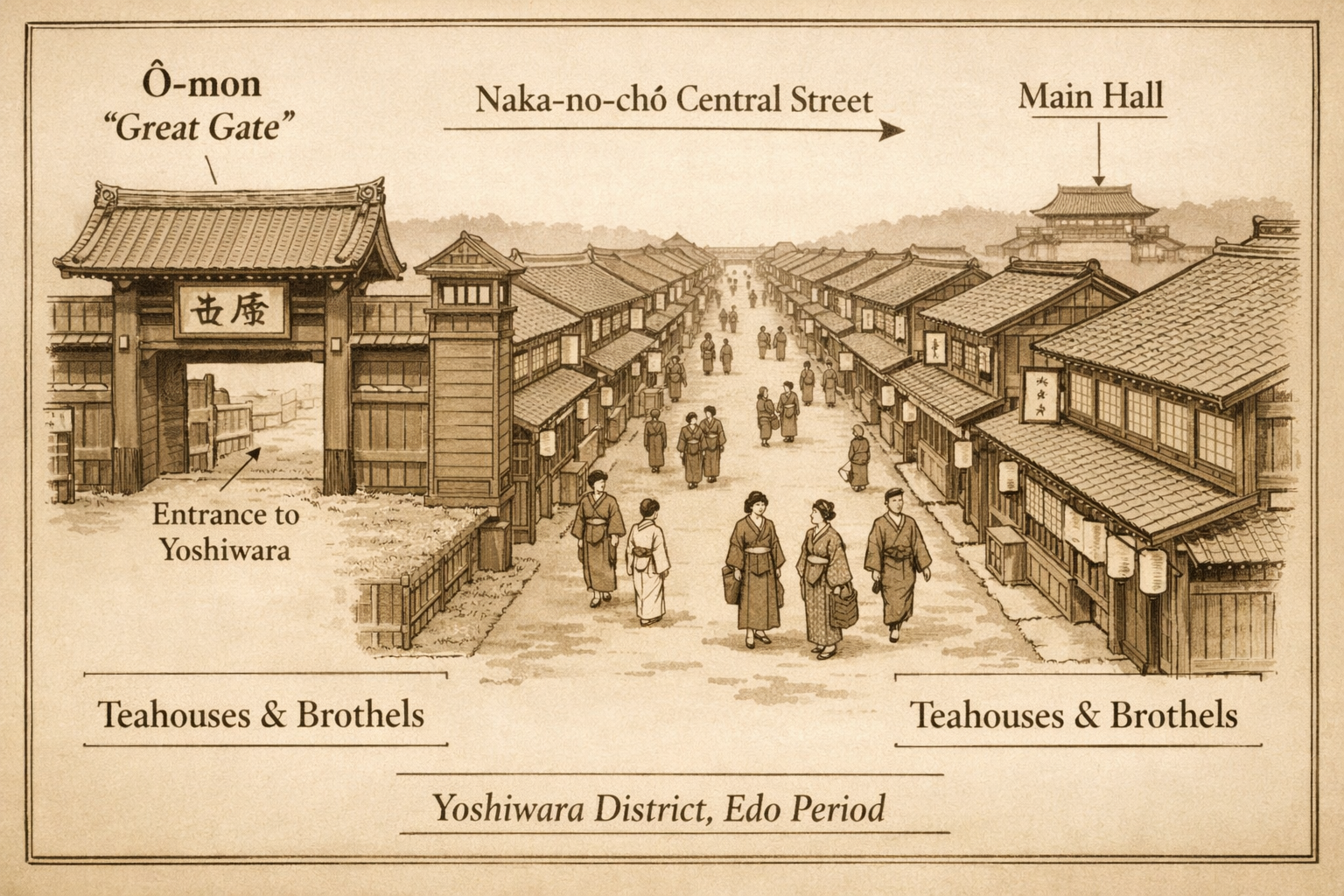 Diagram or ukiyo-e of Yoshiwara gate and main street structure in Edo-period Tokyo