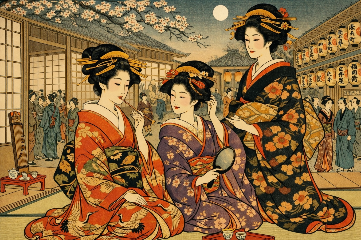 Ukiyo-e print of courtesans in Yoshiwara by Kitagawa Utamaro or similar Edo-period artist