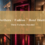 Tokyo neon nightscape with overlapping service categories representing deriheru, fashion health, and hotel health adult-industry formats for foreign guests