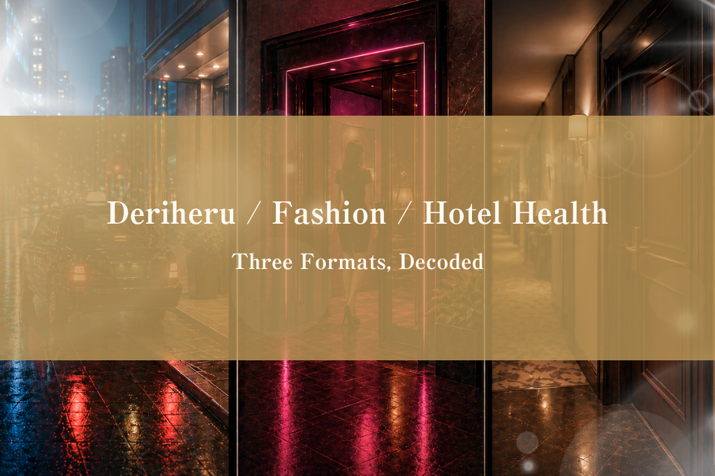 Tokyo neon nightscape with overlapping service categories representing deriheru, fashion health, and hotel health adult-industry formats for foreign guests