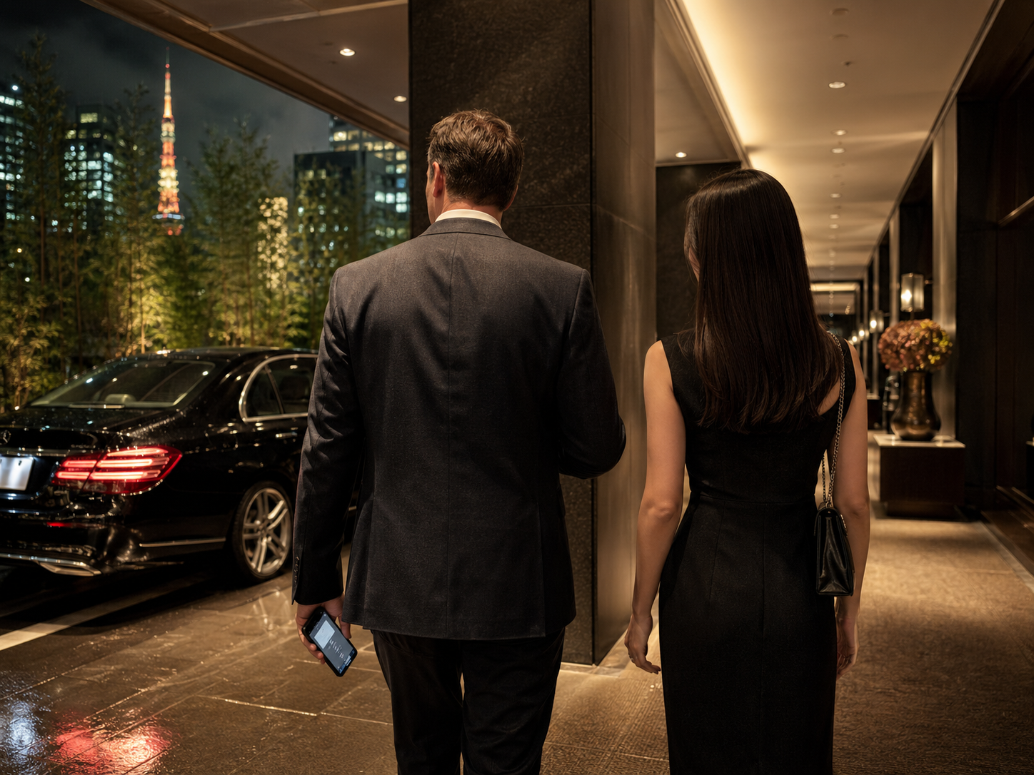 Premium hotel-based outcall as the format fit for foreign luxury hotel guests in central Tokyo, shown contrasted with storefront formats