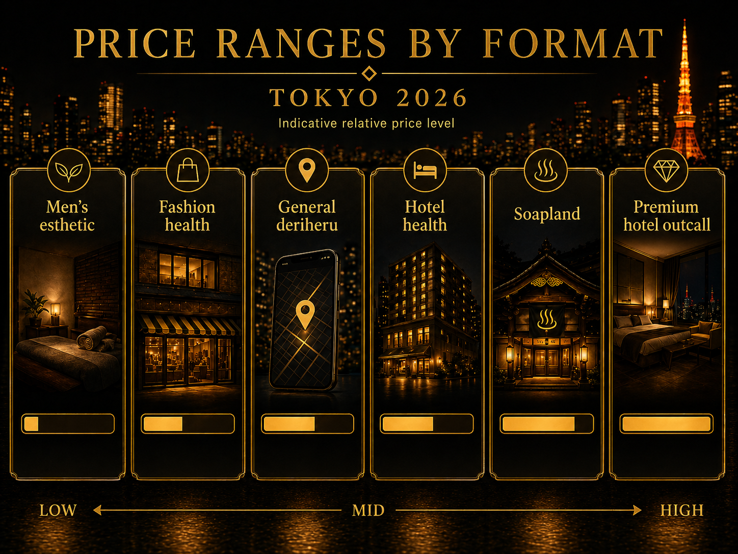 Comparison chart of Tokyo adult service format pricing ranges including fashion health, deriheru, hotel health, soapland, premium outcall, and mens esthetic