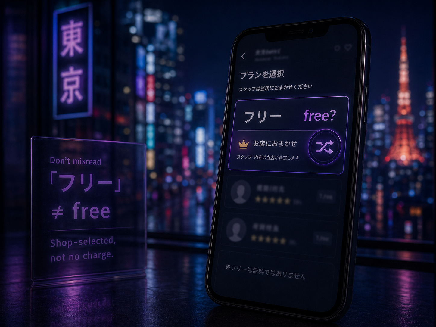 Editorial visualization of Japanese deriheru free fururī term showing how it means shop-selected rather than no-charge, for English-reader clarity