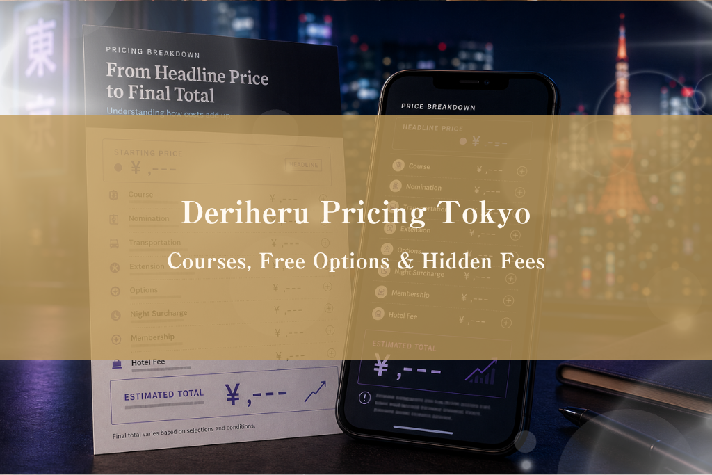 Editorial price card layout showing Tokyo deriheru fee breakdown with course, nomination, transportation, extension, and option line items