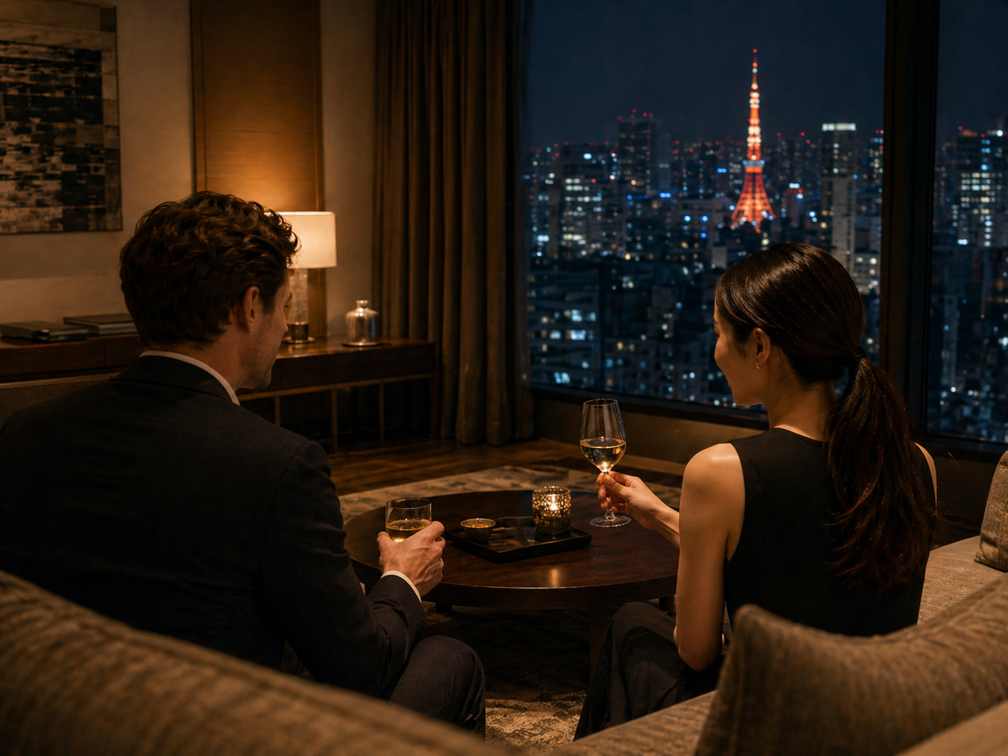 Premium Roppongi luxury hotel room at night, representing MIRAI TOKYO's hotel-based companion outcall positioning for international visitors