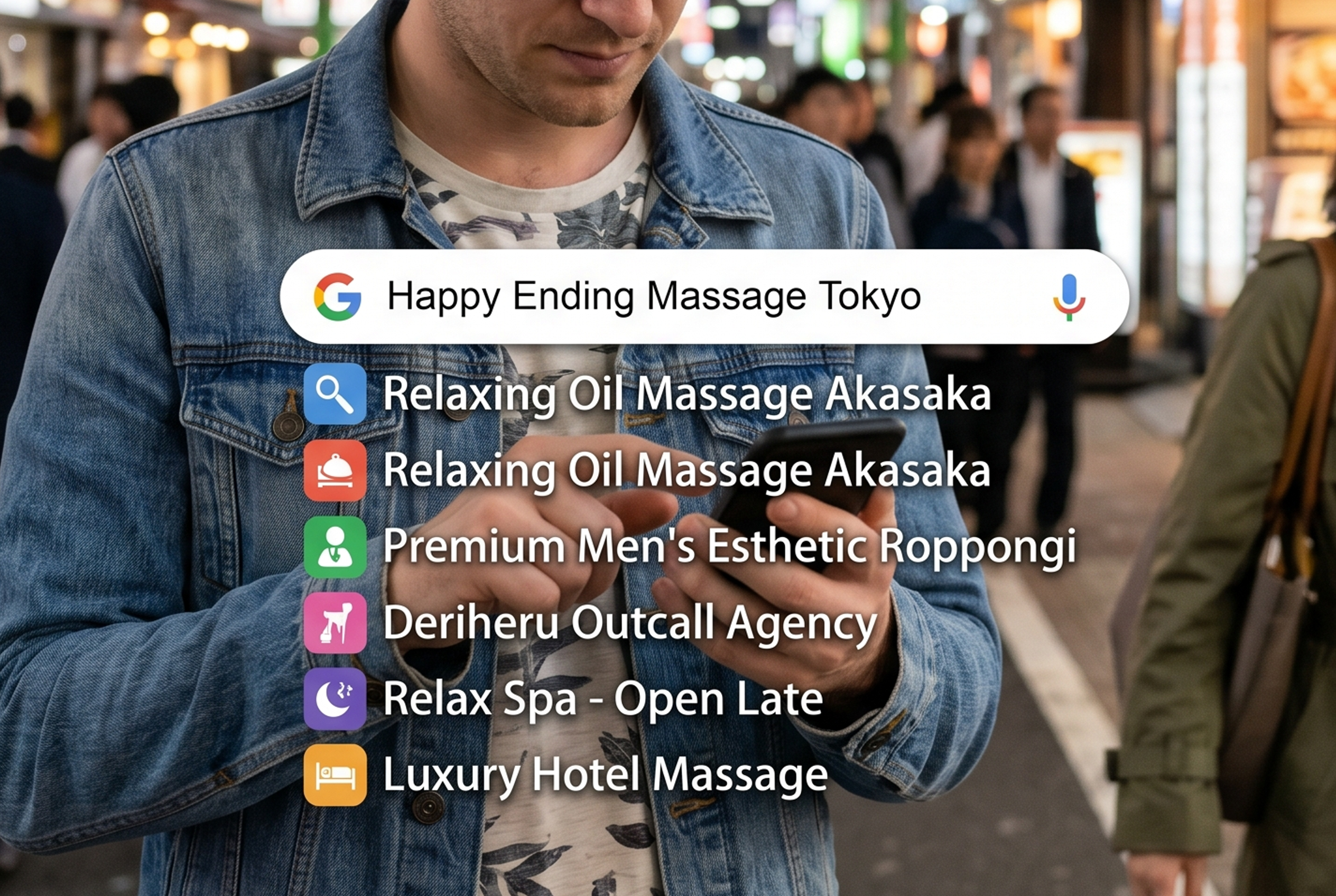 Visual classification of five Tokyo service categories that appear in happy ending massage searches: regular massage, mens esthetic, adult listings, deriheru, soapland mat play