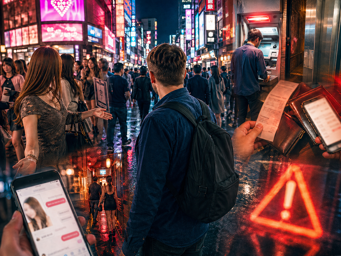 Kabukicho Tokyo at night with red flag visual overlays representing street touts, overcharge bars, and ATM escort scams targeting foreign tourists