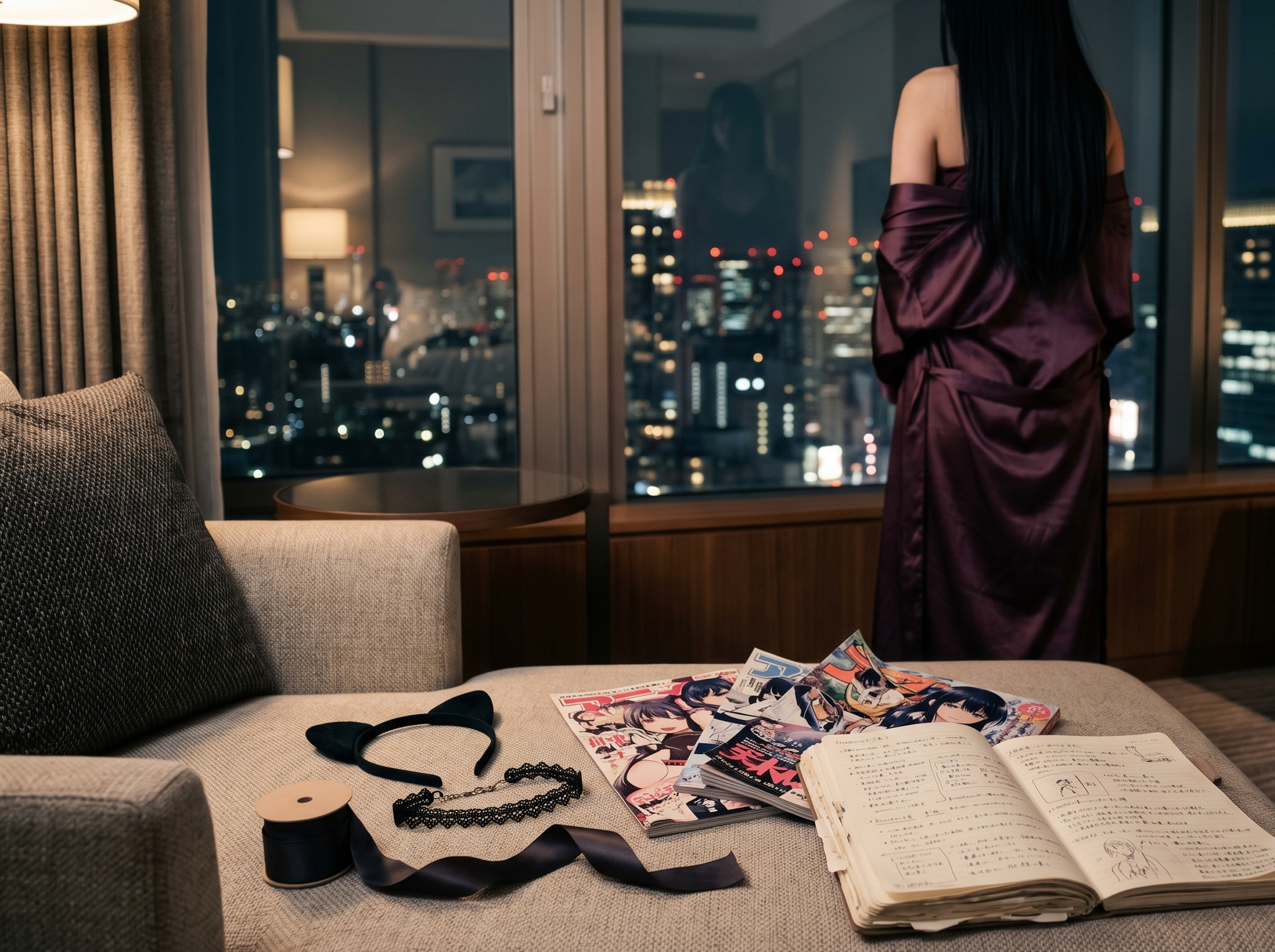 Three-layer visual concept for Tokyo themed outcall requests: theme scenario, costume, and mood, with Japanese cultural elements