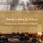 Editorial illustration of a visual novel interface on a Tokyo hotel desk, representing the gap between eroge game expectations and real Tokyo premium outcall