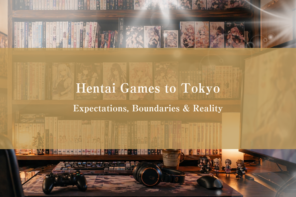 Editorial illustration of a visual novel interface on a Tokyo hotel desk, representing the gap between eroge game expectations and real Tokyo premium outcall