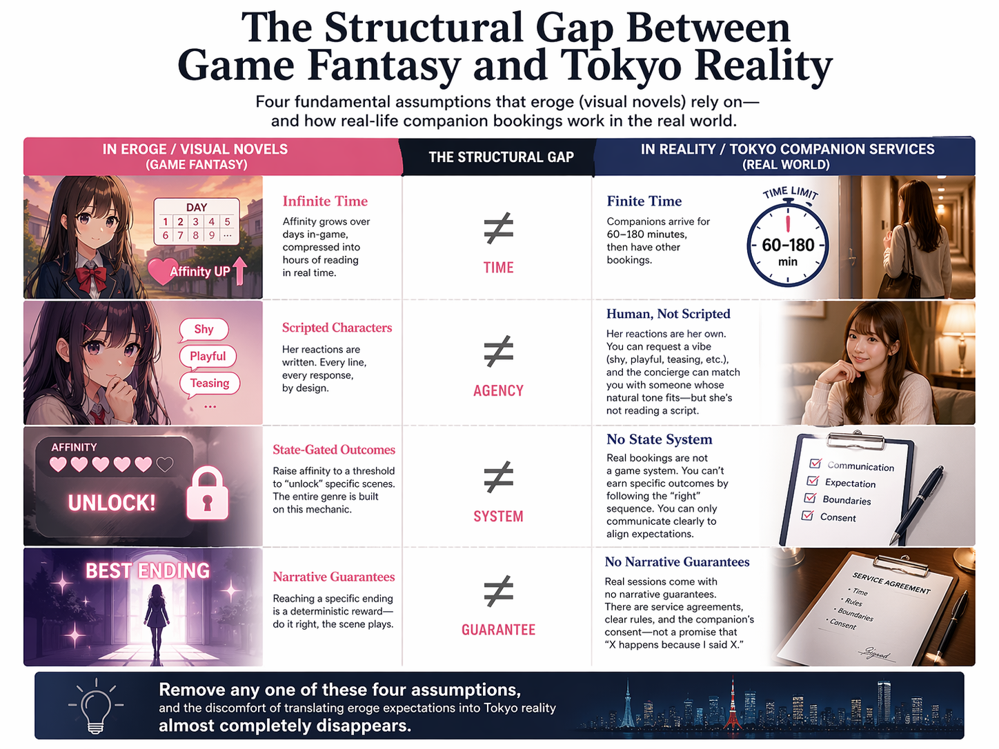Visual concept showing the structural gap between visual novel stat-building mechanics and real Tokyo companion service, with editorial design and cultural references