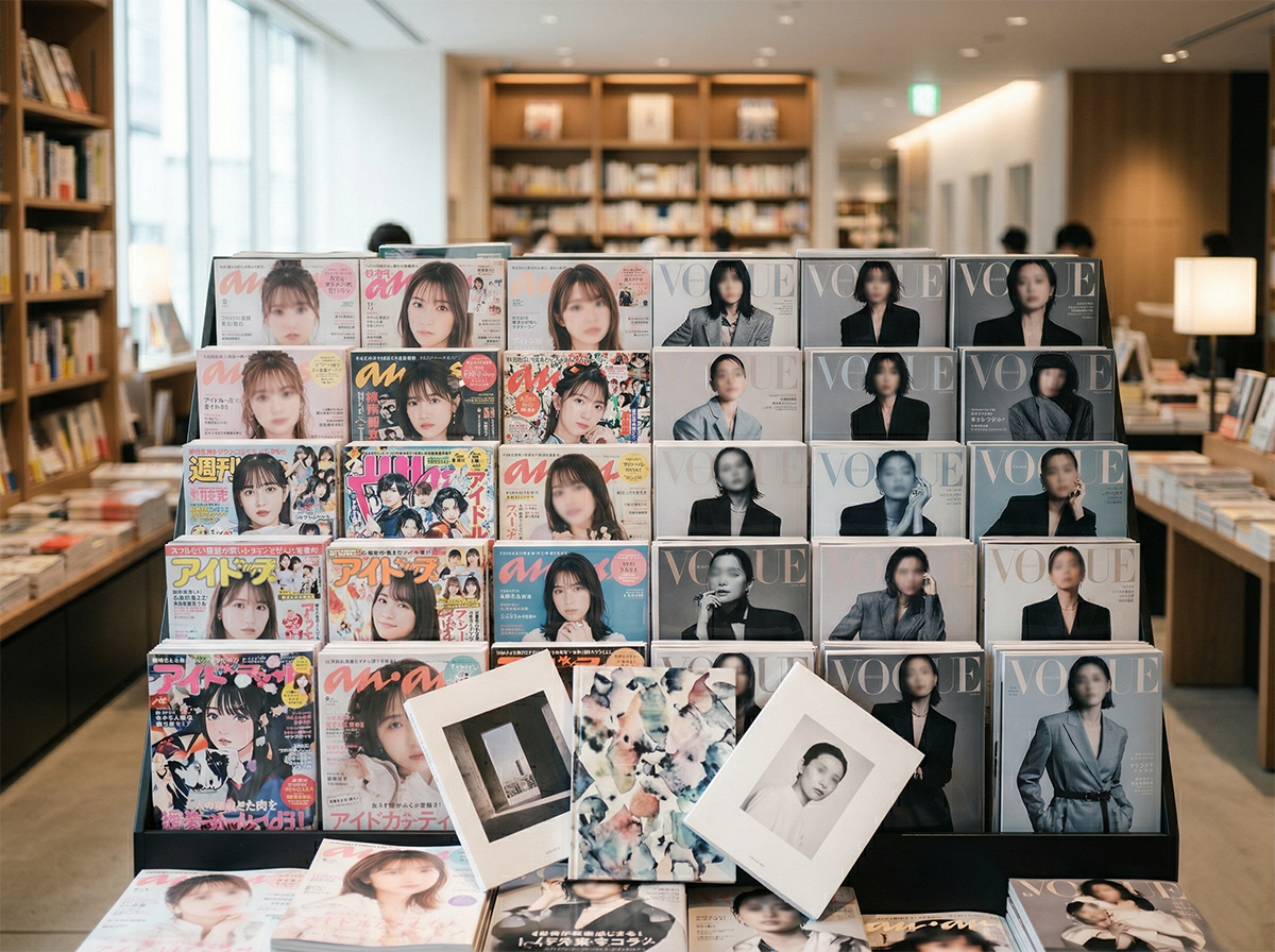 Japanese idol magazines and fashion magazines mixed casually on a Tokyo magazine rack, with cute and stylish styling references blended together to represent the media context behind idol-type and model-type labels in Japan