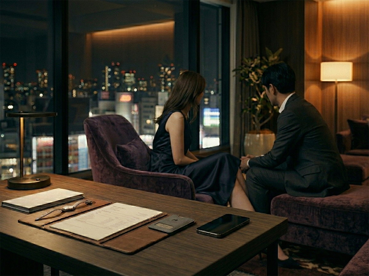 An adult male guest and a Japanese companion seated closely together in a luxury Tokyo hotel suite, shown in an anonymized post-booking scene with faces not individually identifiable