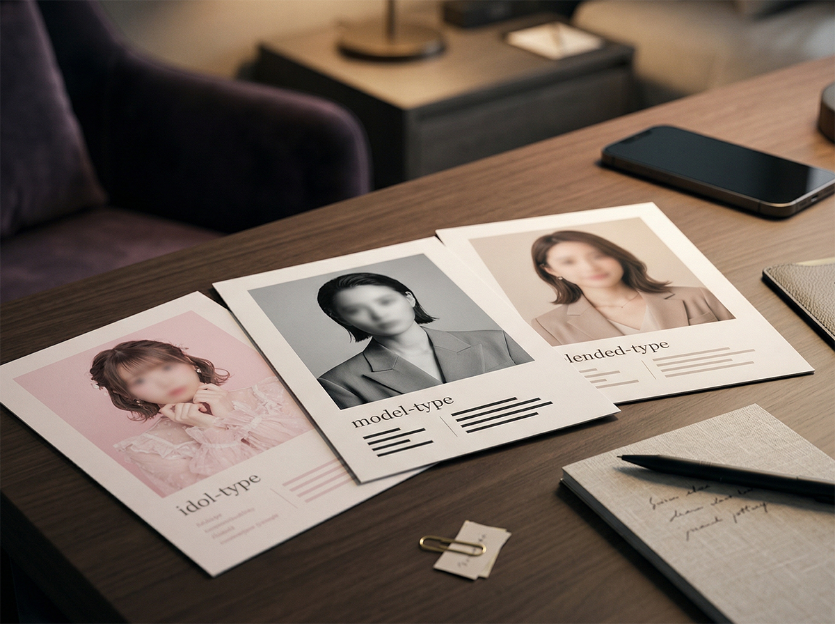 Anonymized profile cards and shortlist notes arranged on a luxury hotel table, representing comparison of idol-type and model-type candidates before contacting MIRAI TOKYO