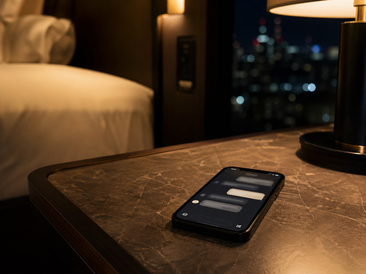 Late-night English concierge communication flow showing efficient same-night deriheru booking message structure with hotel, time, preference, budget for Tokyo
