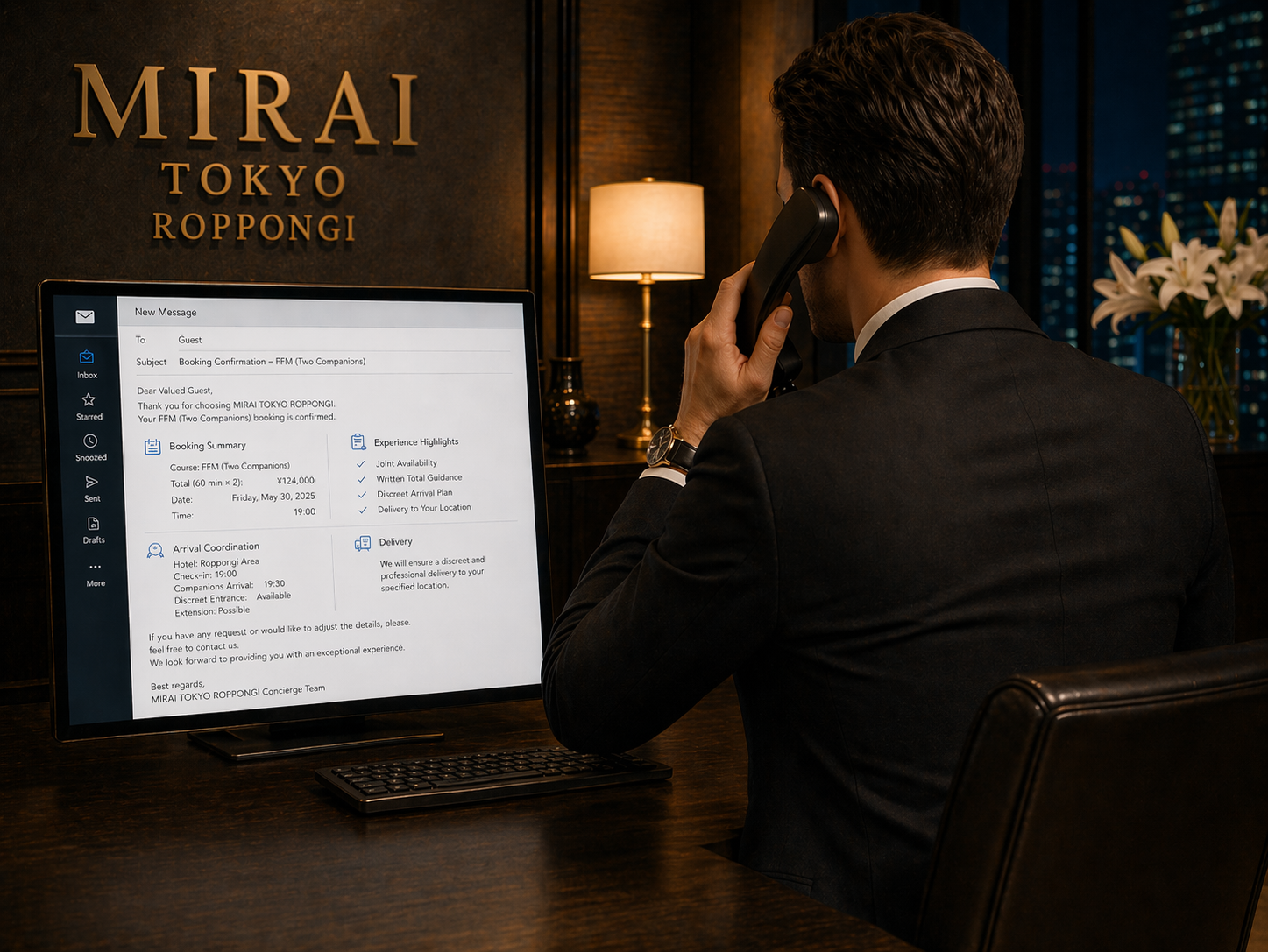 MIRAI TOKYO Roppongi concierge handling two-companion FFM booking with English support and published pricing transparency