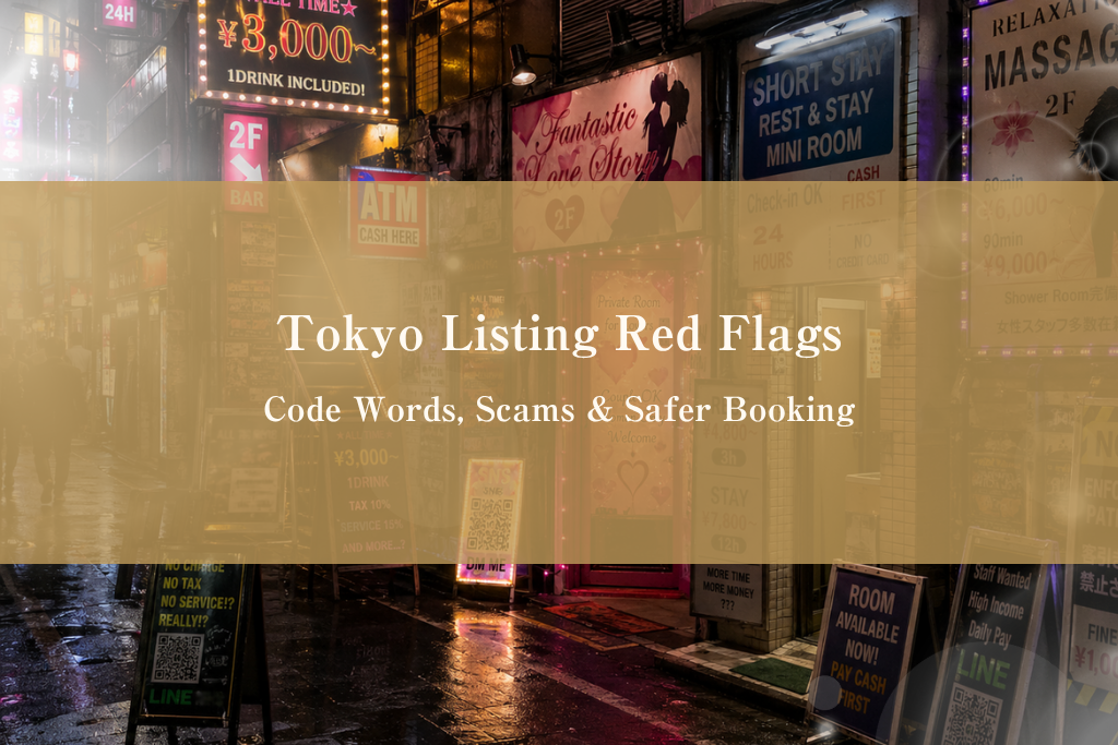 Kabukicho nightscape with English-language massage and happy ending listings, illustrating the red-flag reading required for foreign visitor safety in Tokyo