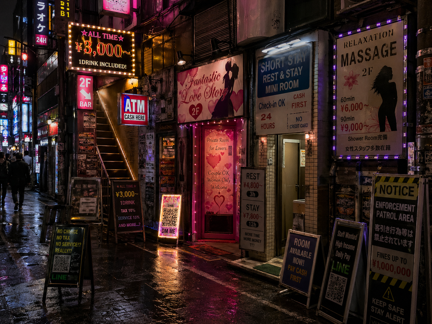 Kabukicho alley at night with clustered signage—cheap-bar pricing, ATM cash signs, unlicensed-style massage parlors, and an enforcement-patrol notice—illustrating multiple scam-ecosystem entry points in a single block