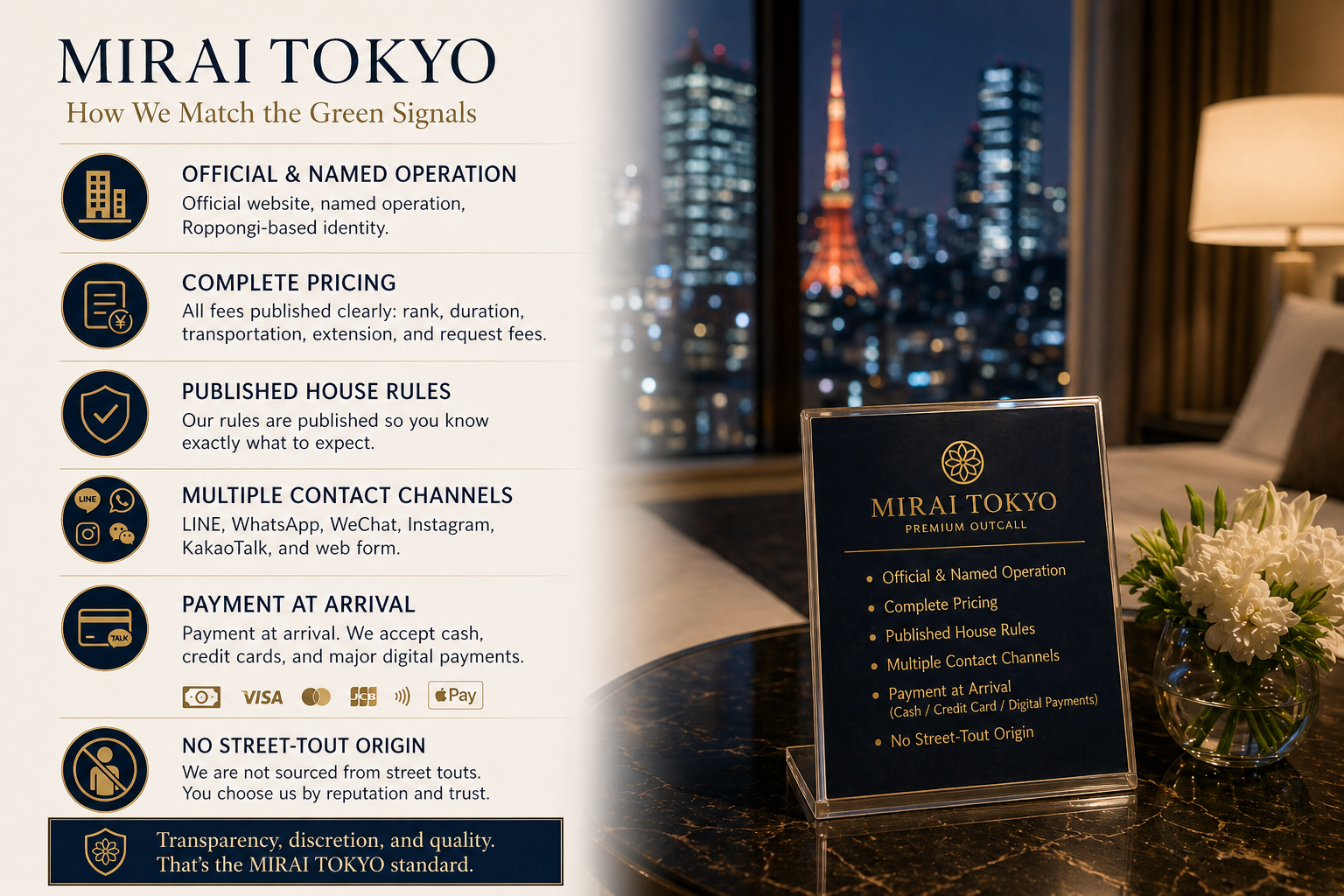 MIRAI TOKYO Roppongi operator transparency visualization showing published pricing page, house rules, multiple contact channels, and consistent operator identity