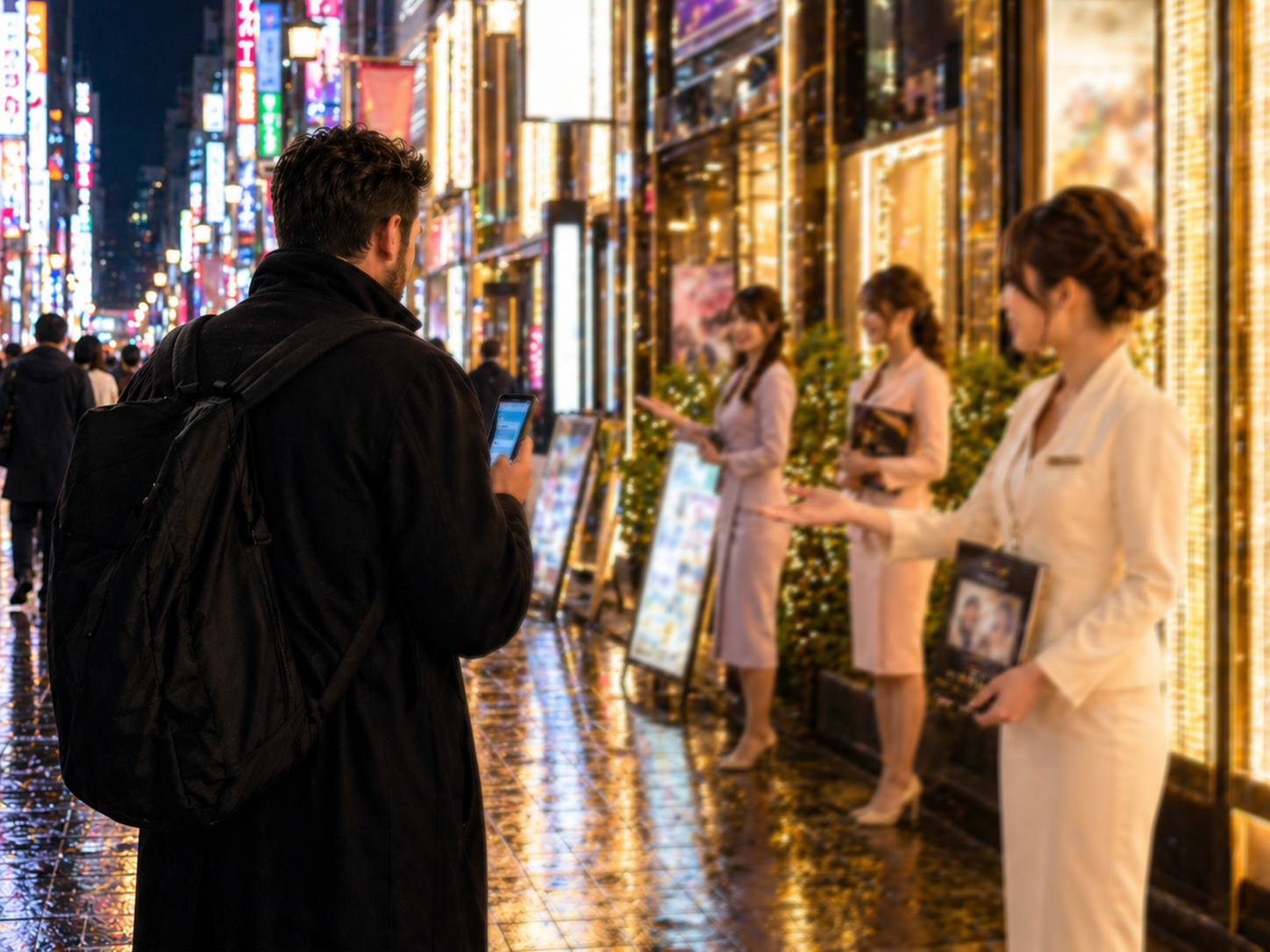 Street touts (kyakuhiki) approaching a foreign visitor in a Tokyo nightlife district at night, illustrating one of the most visible on-street red flag patterns when reading English massage and outcall listings