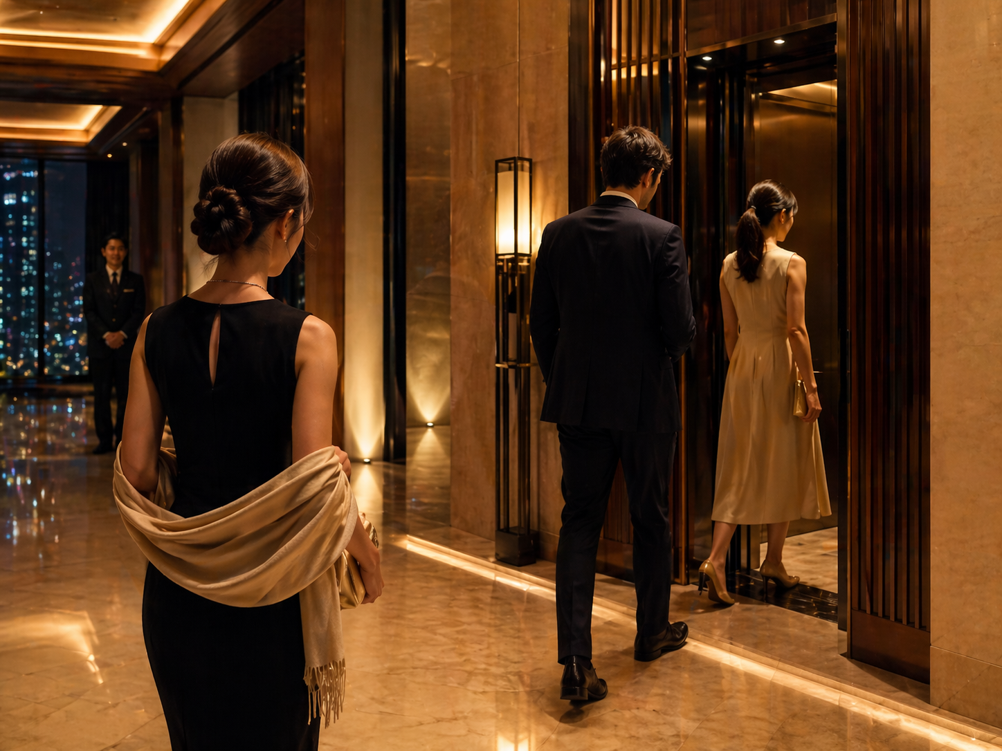 Exterior of a luxury central Tokyo hotel at night, glass façade and revolving door with warm lobby light visible behind, illustrating discreet two-companion arrival logistics for premium outcall