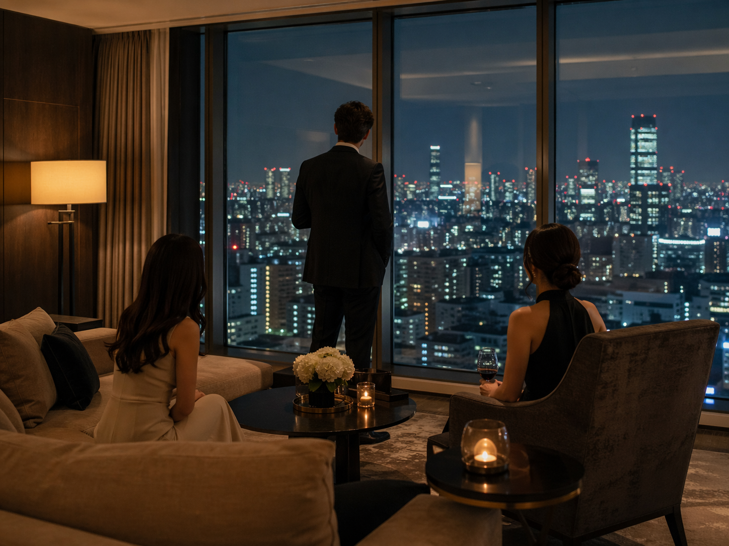 Night view of central Tokyo with the Roppongi and Akasaka skyline spreading across the frame, symbolizing the geographic hub from which MIRAI TOKYO's concierge coordinates two-companion FFM outcall across luxury hotels in Minato Ward