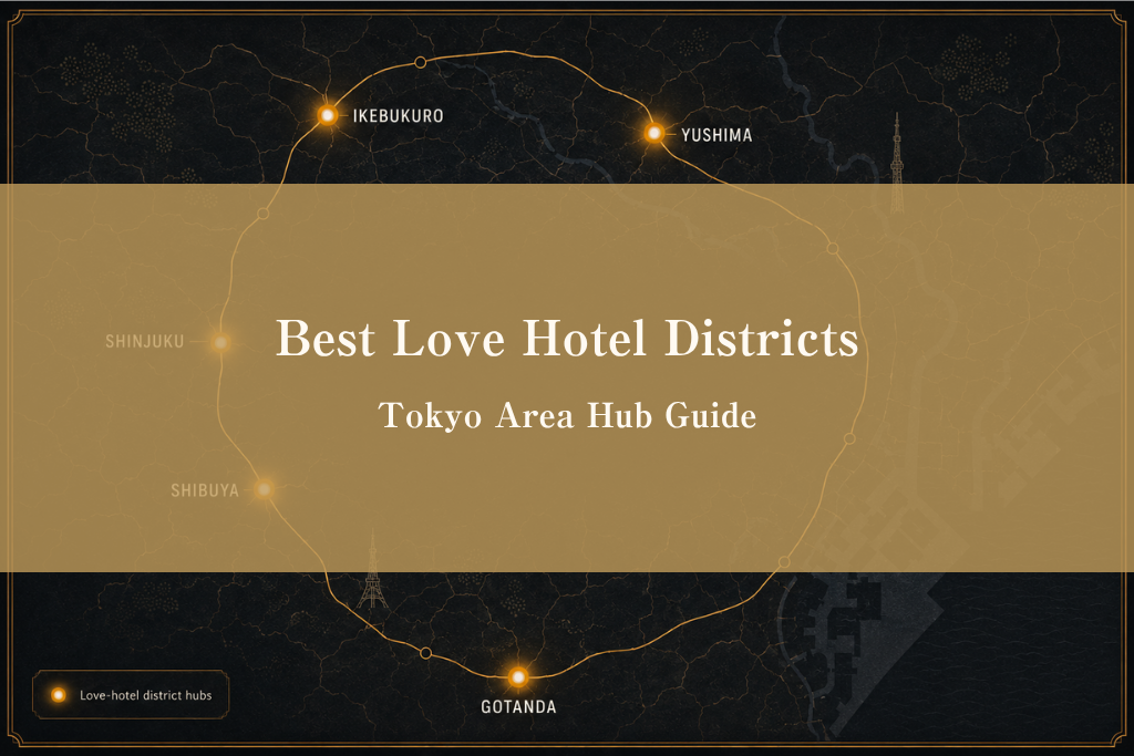 Tokyo love-hotel district hub map—Ikebukuro Shinjuku Shibuya Gotanda Yushima editorial infographic