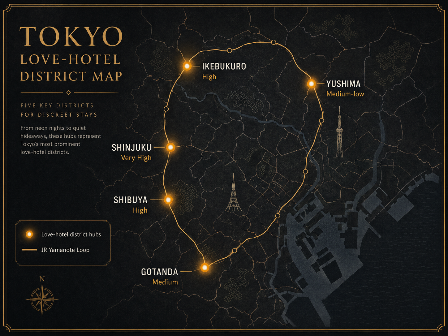 Simplified Tokyo map highlighting Ikebukuro Shinjuku Shibuya Gotanda Yushima love-hotel district hubs—editorial infographic
