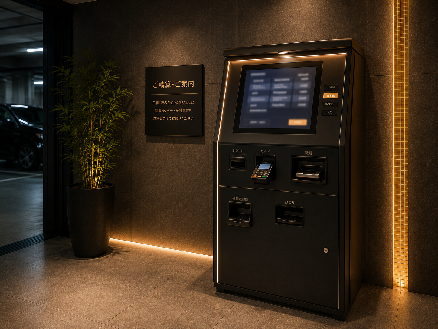 Automated payment terminal at a Tokyo love hotel exit area—editorial photo illustrating self-checkout flow
